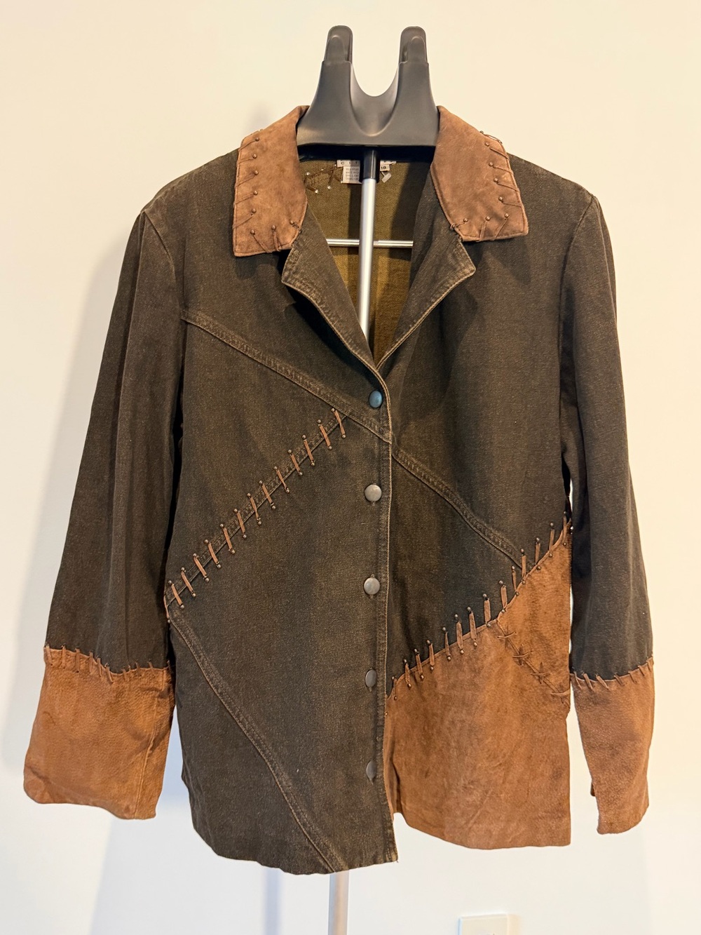 Vintage Nancy Bolen City Girl Brown Denim Suede Patchwork Jacket Size 18 Western